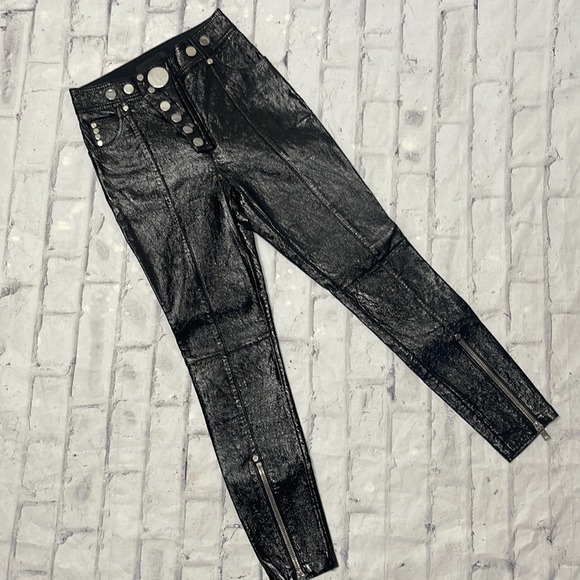 Alexander Wang Leather Pants Zipper Ankle Silvertone Disk Snaps 5-Pocket Style - Picture 13 of 14